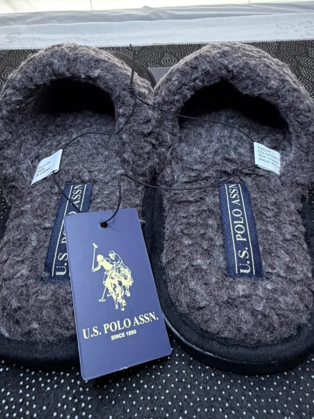 U.S. Polo Assn. Men’s Cozy Slip-On Slippers – Black/Gray Men's Size 9/10
